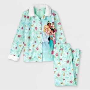 NWT Disney Princess 2 piece pajama set Sz large 10/12 green w/faux fur